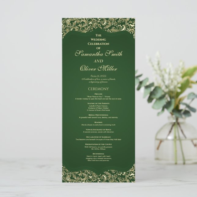 Programa De Casamento Dourado E Verde Decorativo (Em pé/Frente)