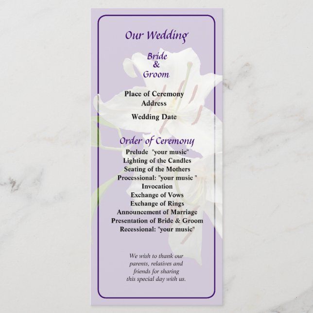 Programa de Casamento Duas Lírias Brancas (Frente)