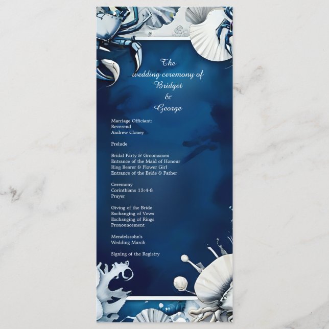 programa de casamento e cardápio com tema costeiro (Verso)