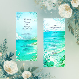 programa de casamento e menu com vibe costeira azu