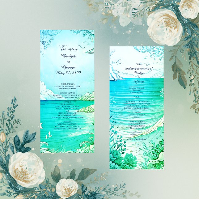 programa de casamento e menu com vibe costeira azu (Criador carregado)