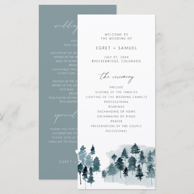 Programa de Casamento EGRET Slate Blue Aquarela Pi (Frente/Verso)