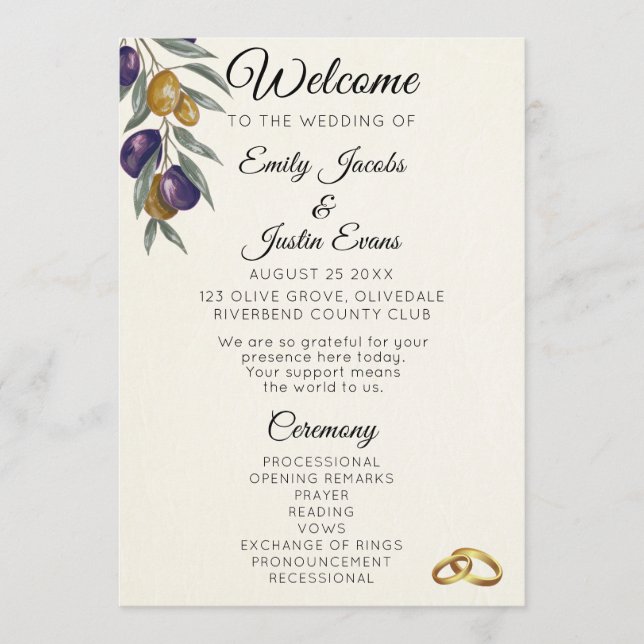 Programa de Casamento Elegante Aquarela Oliva (Frente)