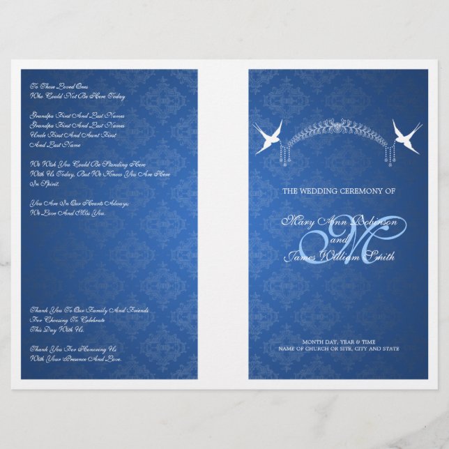 Programa de Casamento Elegante Aves Monograma Azul (Frente)