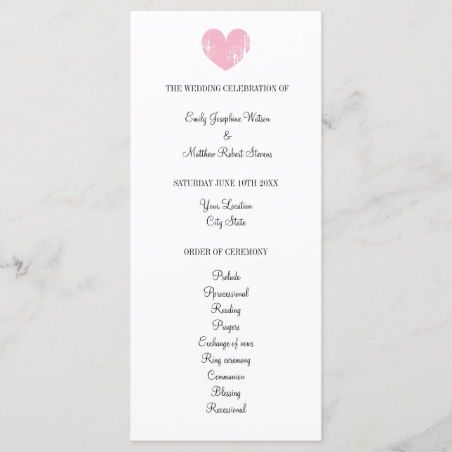 Programa de casamento elegante com coração rosa rú (Frente)