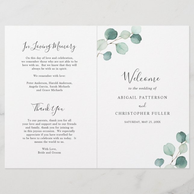 Programa de Casamento Elegante com Eucalipto e Fol (Frente)