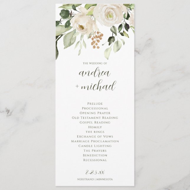 Programa de Casamento Elegante com Floral Branco e (Frente)