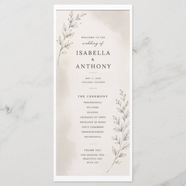 Programa de Casamento Elegante com Folhas (Frente)