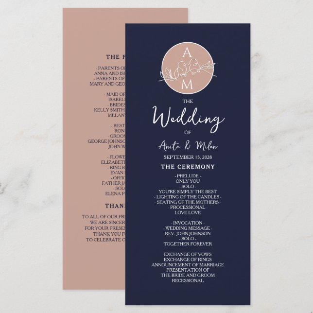 Programa de Casamento Elegante com Rosa e Azul-Mar (Frente/Verso)