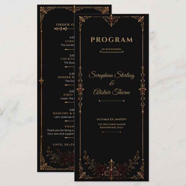 Programa de Casamento Elegante Dark Gothic (Frente/Verso)