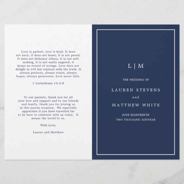 Programa de Casamento Elegante de Monograma Azul d (Frente)