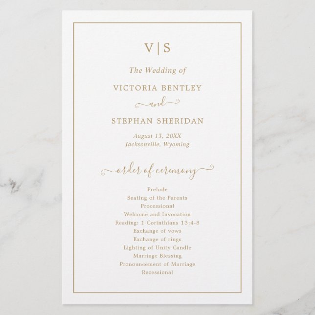 Programa de Casamento Elegante Dourado do Monogram (Frente)