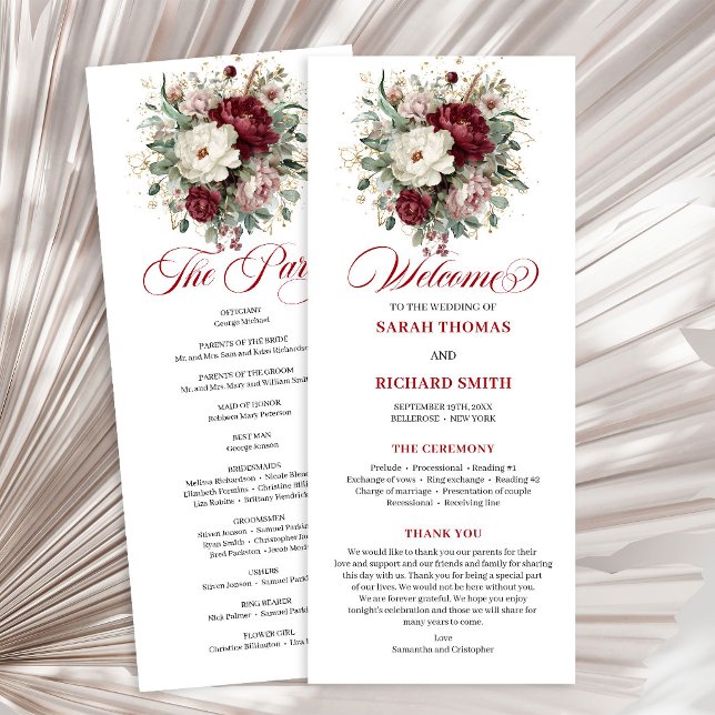 Programa de Casamento Elegante Dourado Rosa Burgun (Elegant Gold Blush Burgundy Wedding Program)