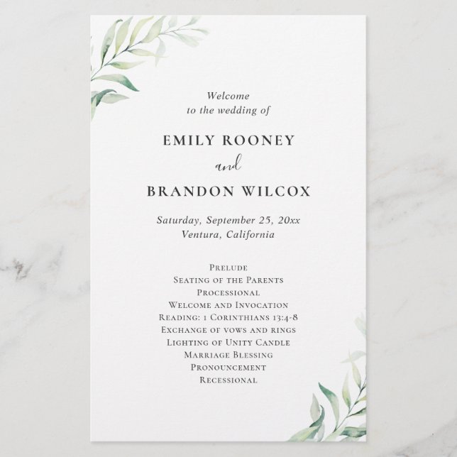 Programa de Casamento Elegante em Verde Salvia Euc (Frente)