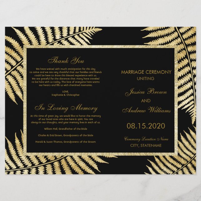 Programa de Casamento Elegante Faux Folha de Ouro  (Frente)