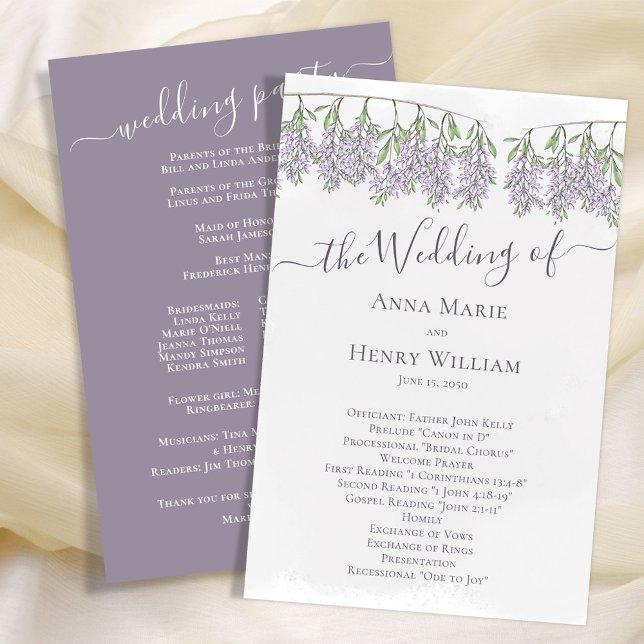 Programa de Casamento Elegante Floral Lilac (The simple calligraphy script program with lavender wisteria.)