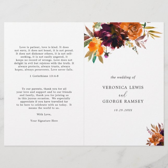 Programa de Casamento Elegante Floral Outono Rústi (Frente)