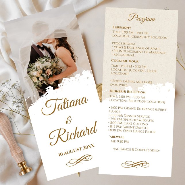 Programa de Casamento Elegante Foto & Letra Dourad (elegant-photo-gold-script-wedding-program )