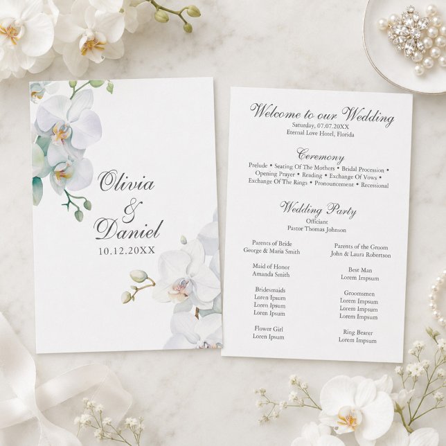 Programa de Casamento Elegante Moderno com Orquíde (Modern Eleganta White Orchids Wedding Program)