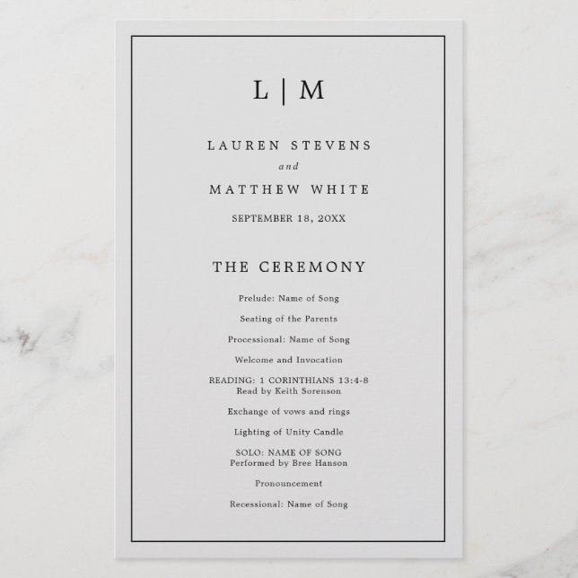 Programa de Casamento Elegante Monograma Cinza Cla (Frente)