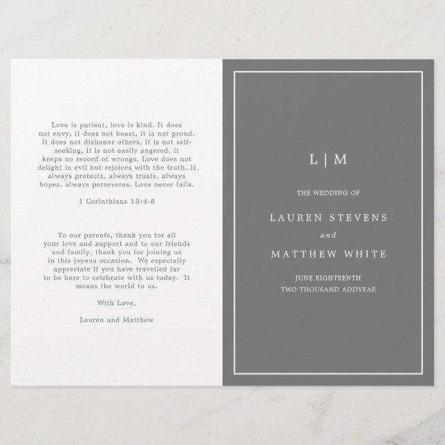 Programa de Casamento Elegante Monograma Cinza Esc (Frente)