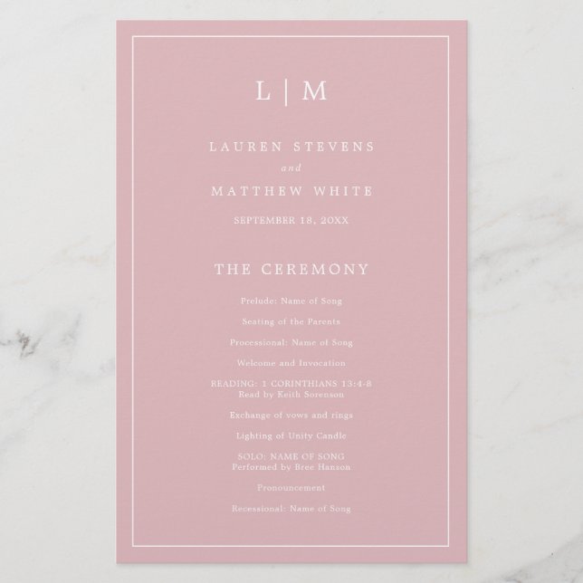 Programa de Casamento Elegante Monograma Rosa Clar (Frente)