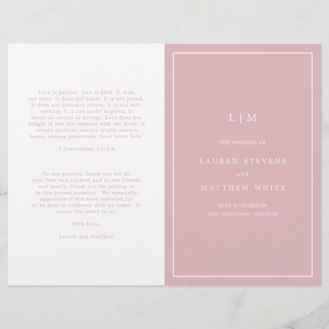 Programa de Casamento Elegante Monograma Rosa Clar (Frente)