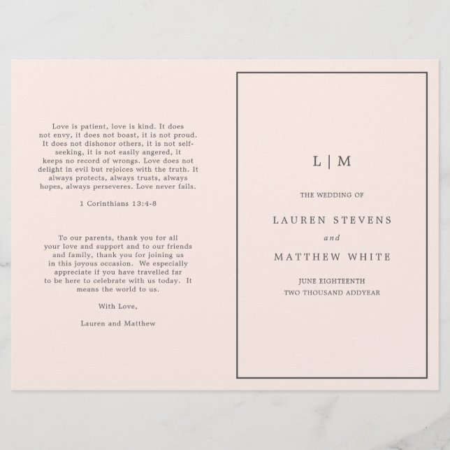 Programa de Casamento Elegante Monograma Rosa Simp (Frente)