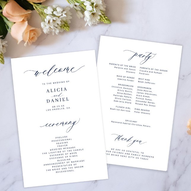 Programa de casamento elegante naval e branco orça (Criador carregado)