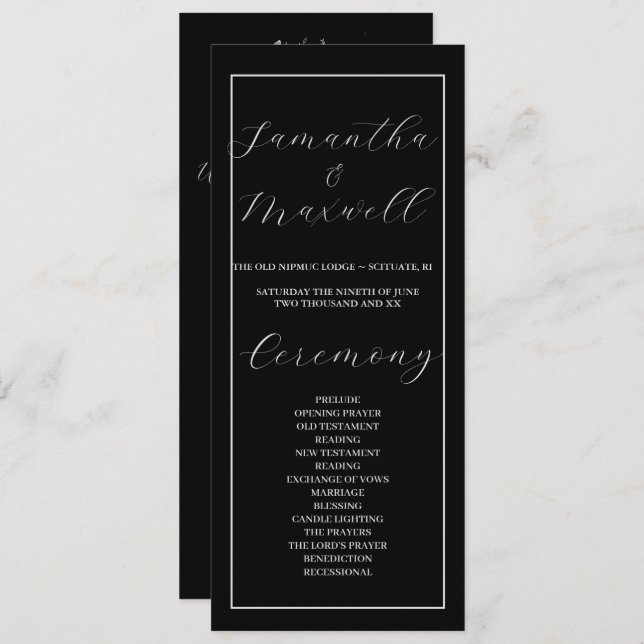 Programa de Casamento Elegante Negro de Luxo (Frente/Verso)