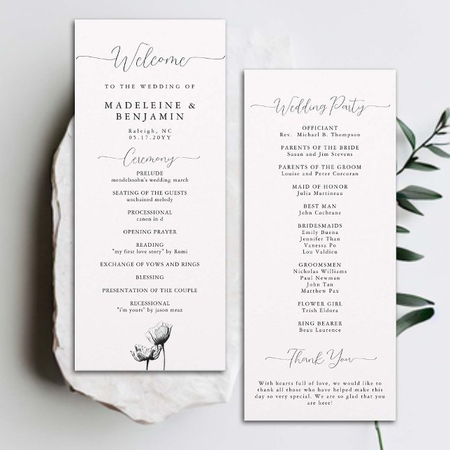 Programa de Casamento Elegante para Poppies Branco (wedding ceremony program black white floral winter fall summer wild mountain poppies elegant formal )