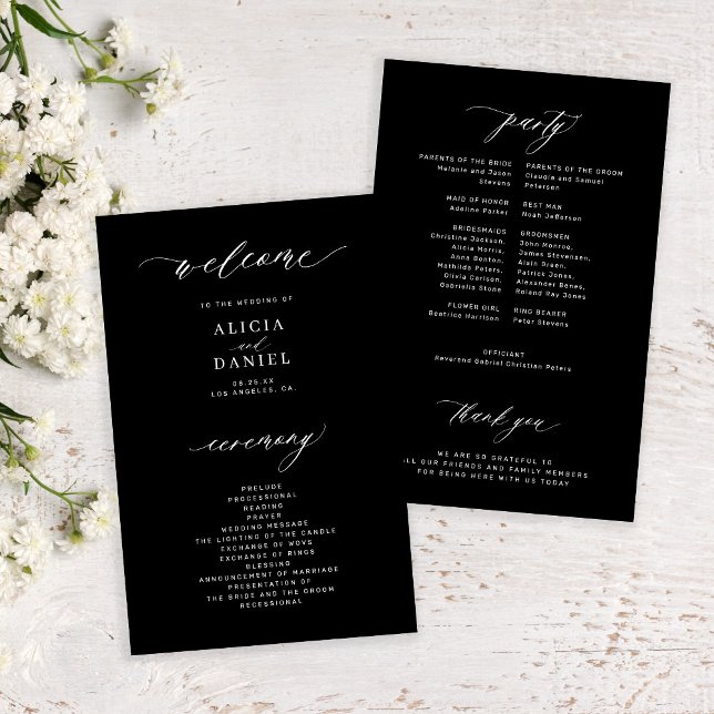 Programa de casamento elegante preto e branco econ (Criador carregado)