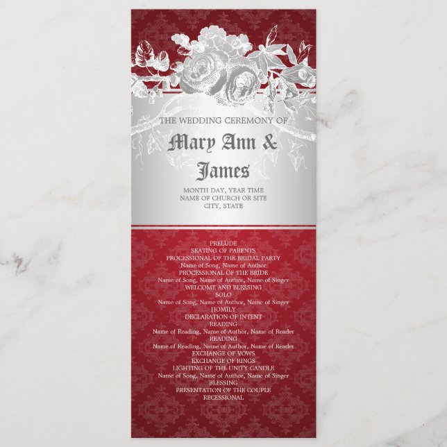Programa de Casamento Elegante Vermelho Floreado B (Frente)