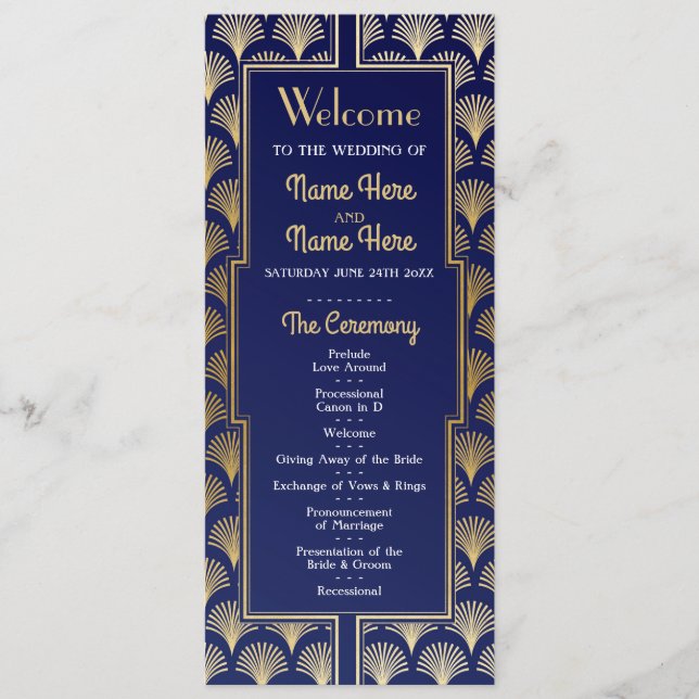 Programa de Casamento em Aquarela Arte Deco Dourad (Frente)