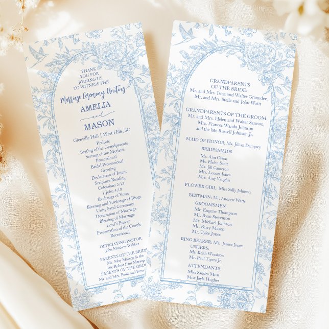 Programa de Casamento em Aquarela Floral Azul Eleg (French Dusty Blue Floral Frame Wedding Program)