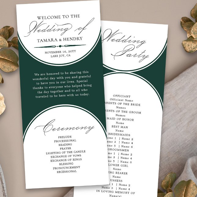 Programa de Casamento em Arco Verde Esmeralda com  (Elegant wedding program order of service in emerald green from my Wedding Colors collection)