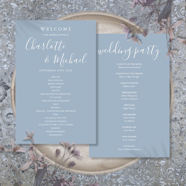 Programa de Casamento em Azul Empoeirado com Letra (Dusty Blue Signature Script Wedding Program)