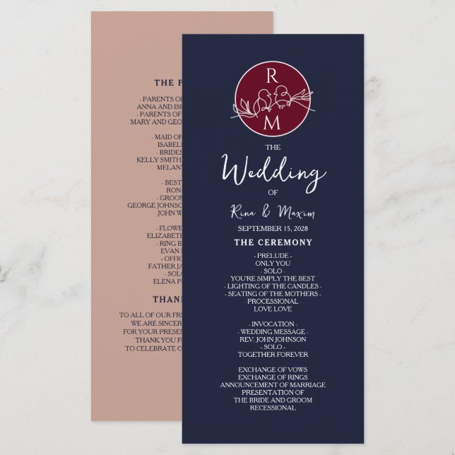 Programa de Casamento em Borgonha e Azul Marinho (Frente/Verso)