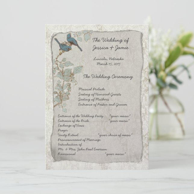 Programa de Casamento em Damask com Pássaros em Ve (Em pé/Frente)