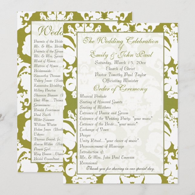 Programa de Casamento em Damask Verde Oliva (Frente/Verso)