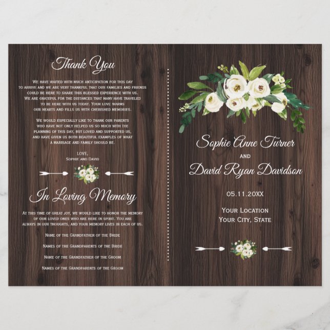Programa de Casamento em Madeira com Flores em Aqu (Frente)