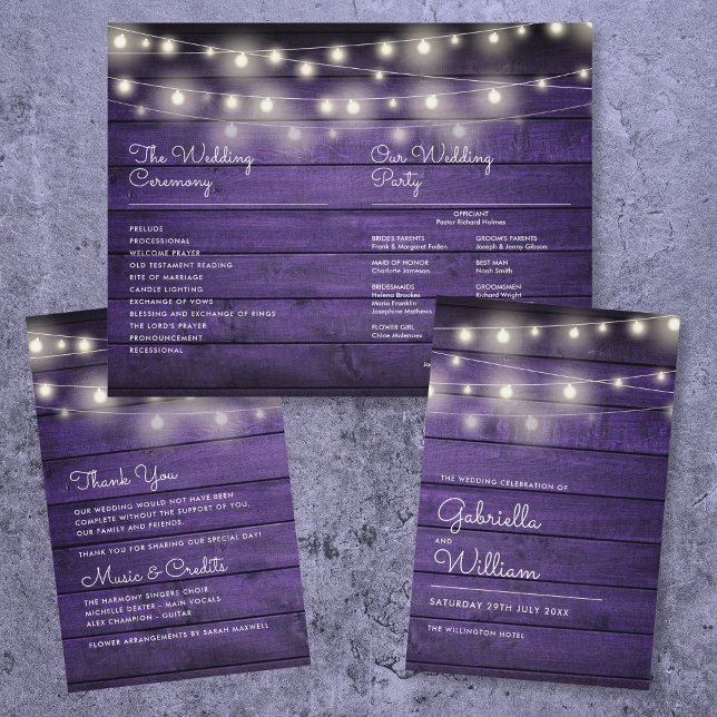 Programa de Casamento em Madeira Roxa com Luzes de (String Lights Purple Wood Wedding Program)