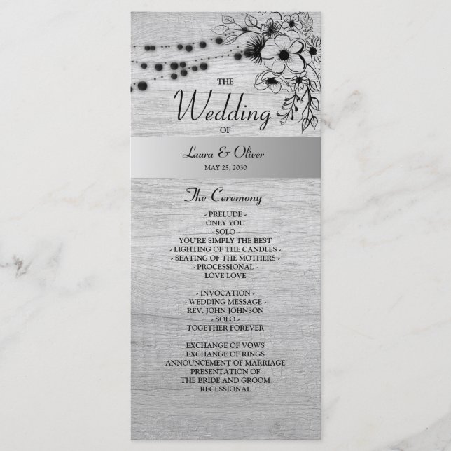 Programa de Casamento em Madeira Rústica Preto e B (Frente)