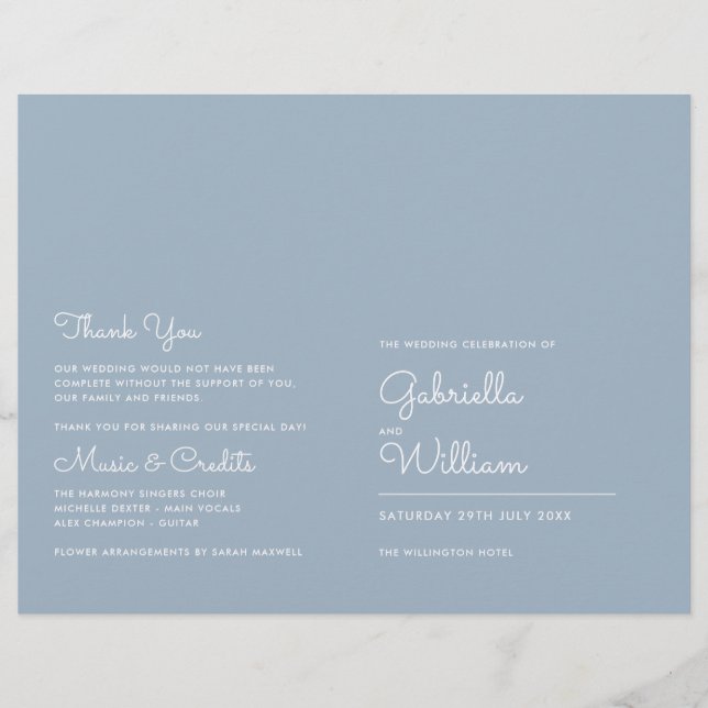 Programa de Casamento em Script Minimalista Azul E (Frente)