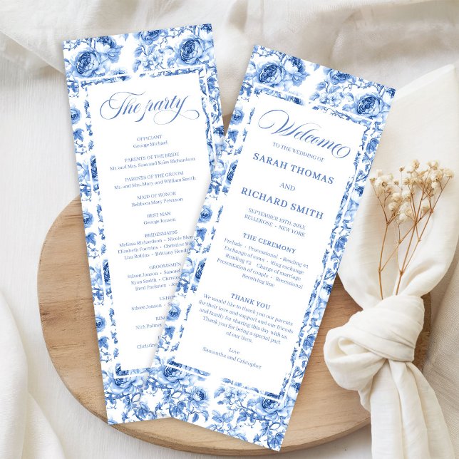 Programa de Casamento em Toile Floral Azul Navy Ch (Chic Navy Blue Floral Toile Wedding Program)