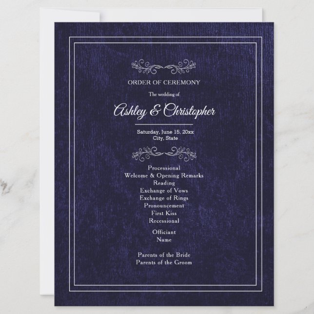 Programa de Casamento em Veludo Azul Navy Elegante (Frente)