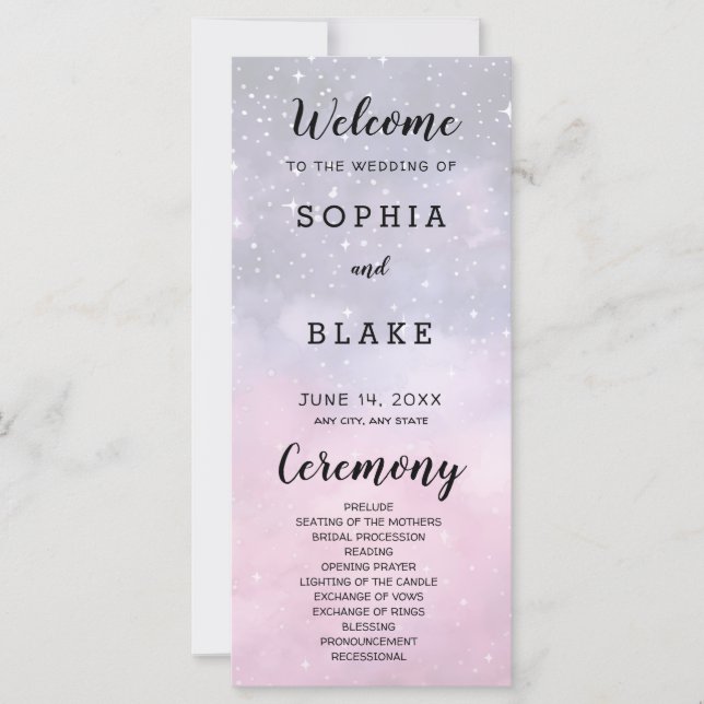 Programa de Casamento Estrelas Rosa e Azul Celesti (Frente)