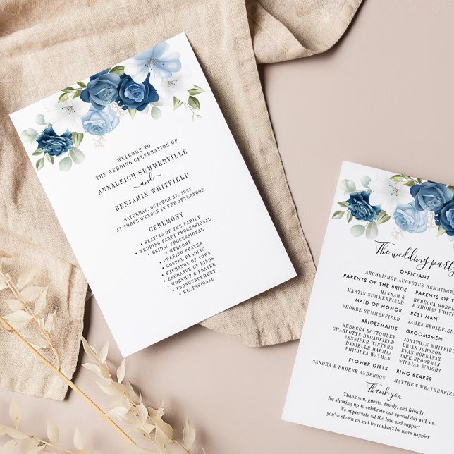 Programa de Casamento Eucalyptus Azul Floral (Dusty Blue Floral Script Wedding Program)