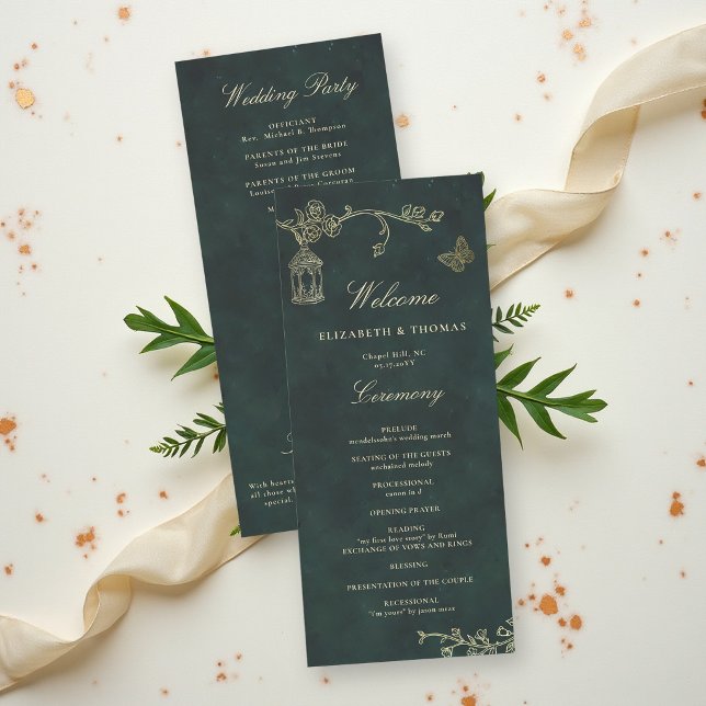 Programa de Casamento Fairycore Floresta Esmeralda (fairycore woodland enchanted forest emerald green faux gold wedding welcome card roses wild)