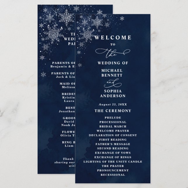 Programa de Casamento Flocos de Neve à Meia-Noite (Frente/Verso)